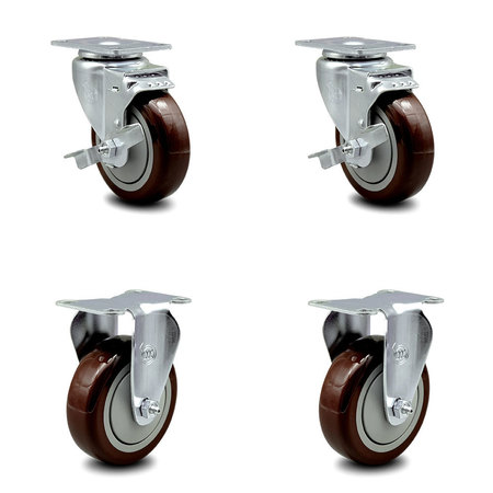 SERVICE CASTER 4 Inch Maroon Polyurethane Swivel Top Plate Caster Set with 2 Brake 2 Rigid SCC SCC-20S414-PPUB-MRN-TLB-TP2-2-R-2